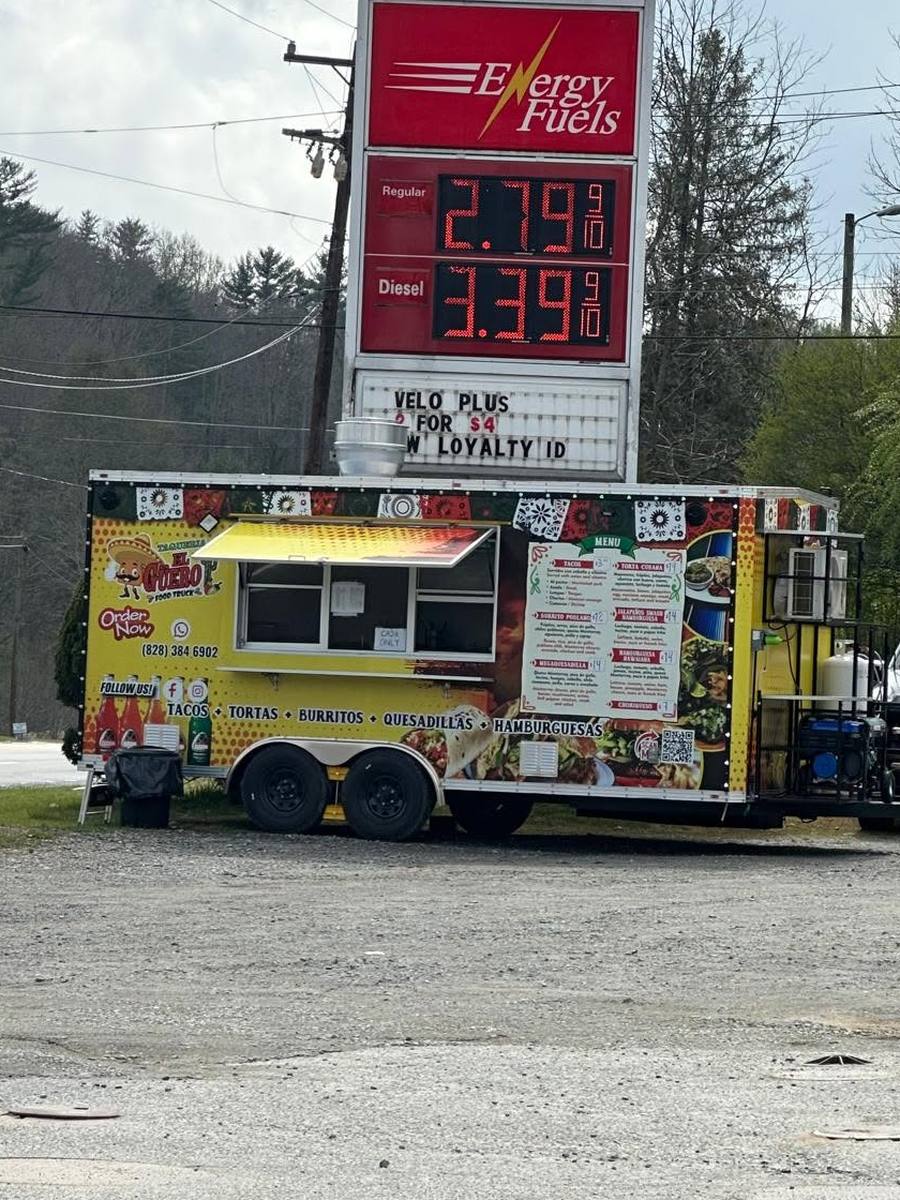 The Taqueria El Güero food truck parked on Rosman Highway in Brevard, North Carolina