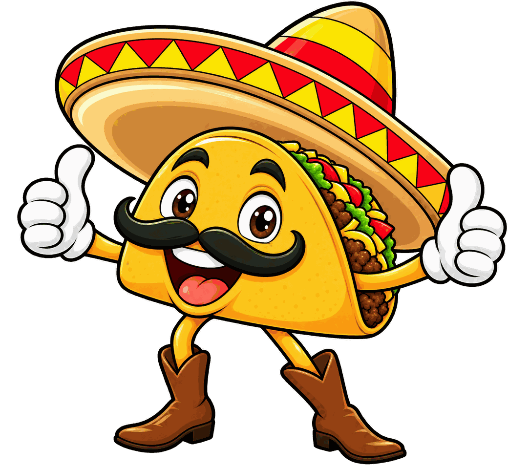 El Güero's taco mascot, wearing a sombrero and cowboy boots and giving two thumbs up