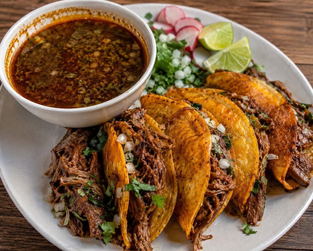 Griddled tacos served with a bowl of consomé, radish and lime
